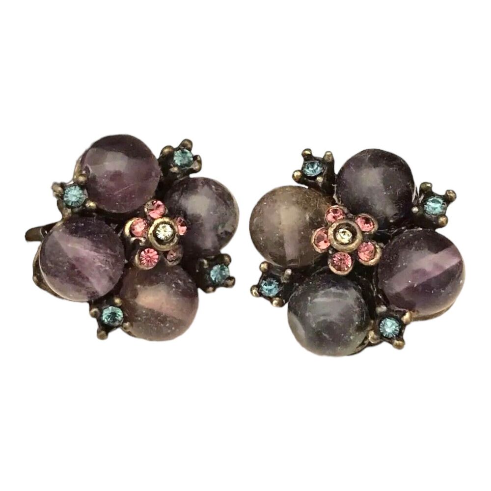 Vintage 1990s Purple Swirled Bead Cluster Clip Earrings Crystal Accents - 8A